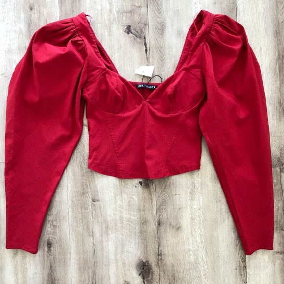 Zara,‎ Red, Long Puffy Sleeves, With Pleats, Fitted, Crop Top, NEW, Size, Small - Picture 3 of 12